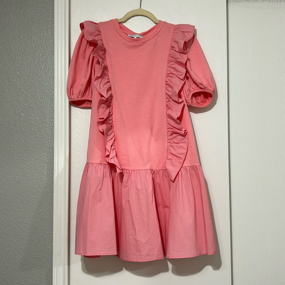Pink puff sleeve ruffle dress